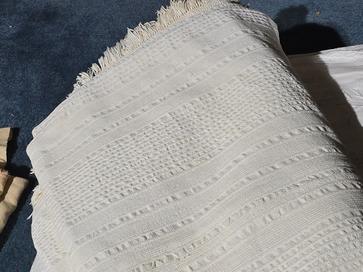 Grouping of Antique and Vintage White Coverlets and Wool Blanket including Monogrammed "R.M." Wool Blanket