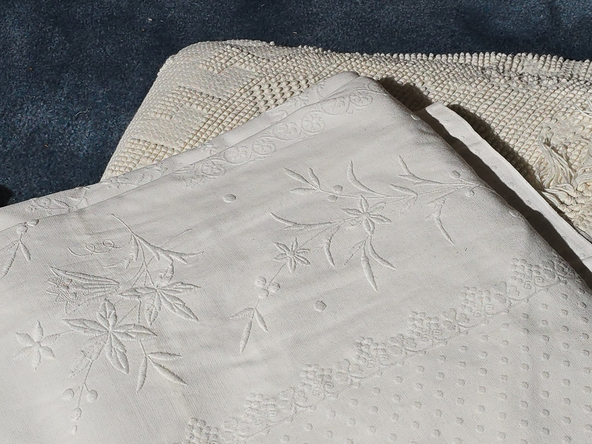 Grouping of Antique and Vintage White Coverlets and Wool Blanket including Monogrammed "R.M." Wool Blanket
