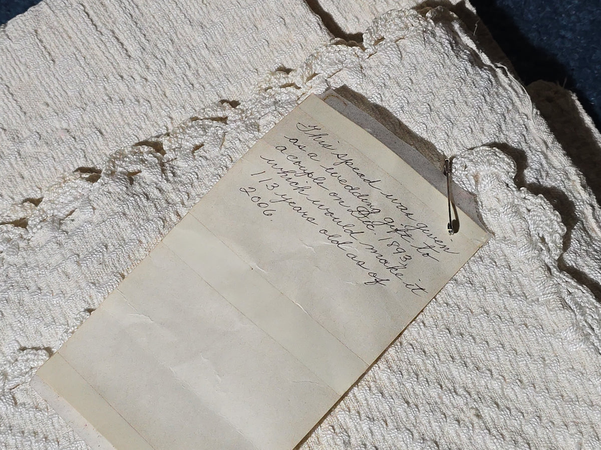 Antique White Woven Coverlet with Provenance Note Dated 1893