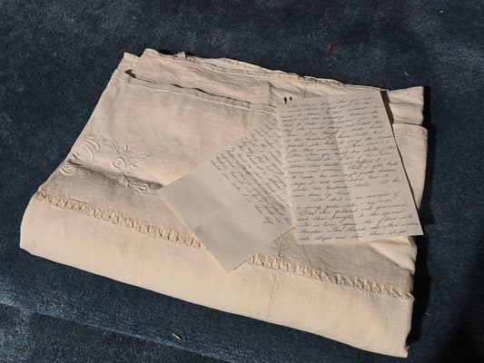 Antique Handwoven Linen Sheet with Embroidered Floral Motifs and Accompanying Handwritten Provenance Letter