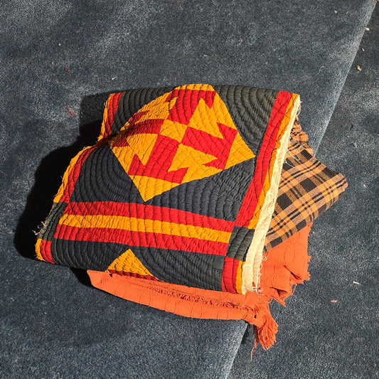 Grouping of Three Antique and Vintage Coverlets and Textiles including Handmade Quilt Fragment, Orange Coverlet, and Plaid Tablecloth