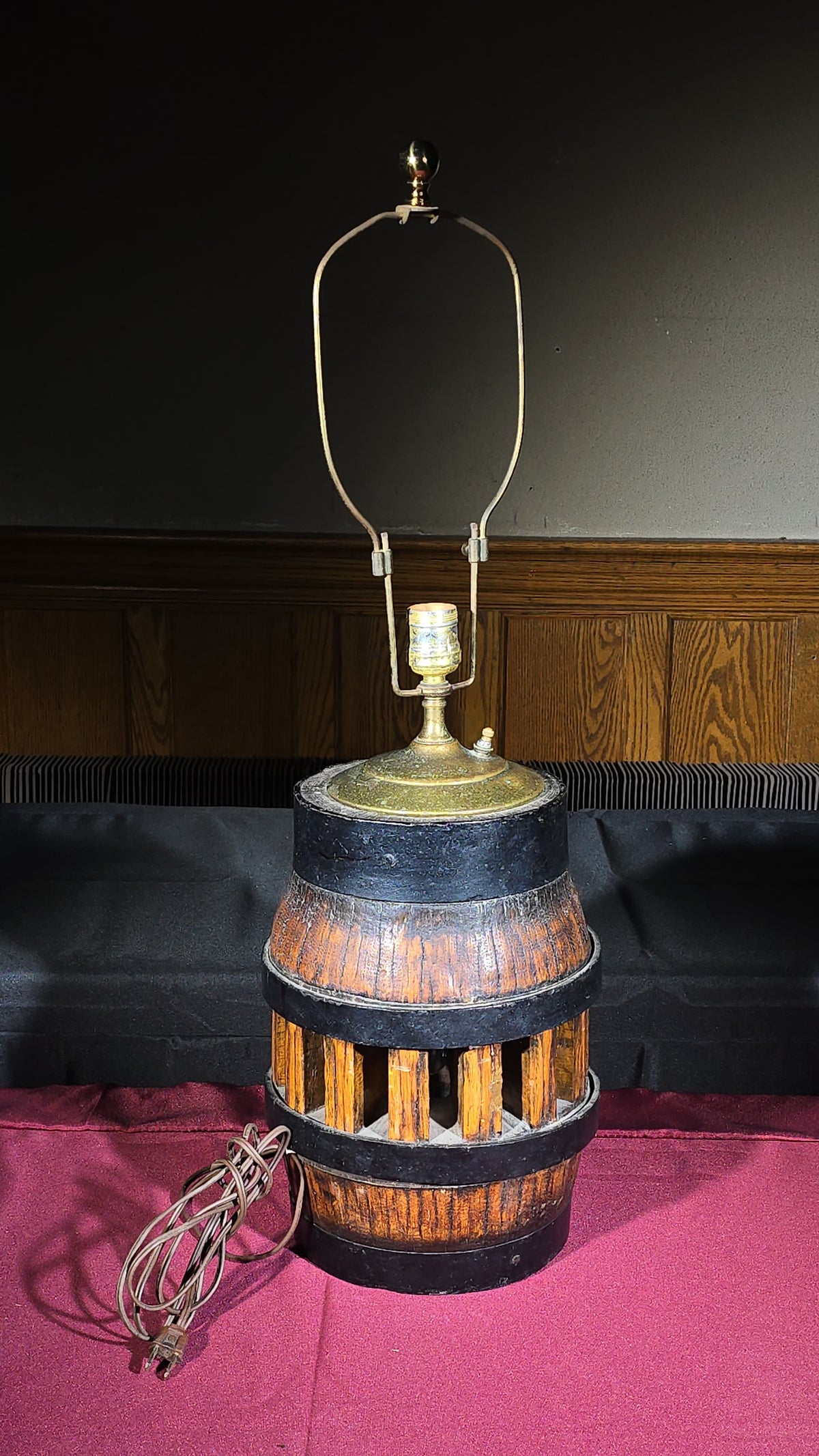 Vintage Wooden Barrel Table Lamp with Iron Straps