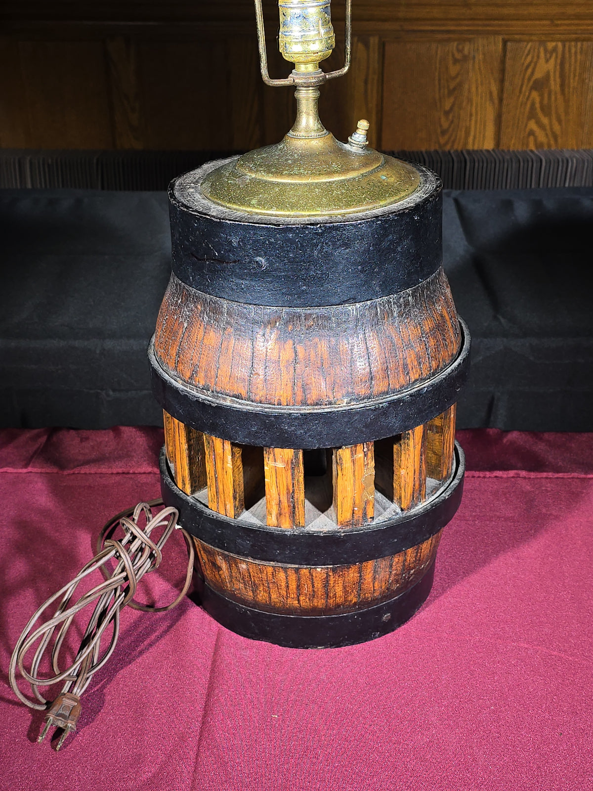 Vintage Wooden Barrel Table Lamp with Iron Straps