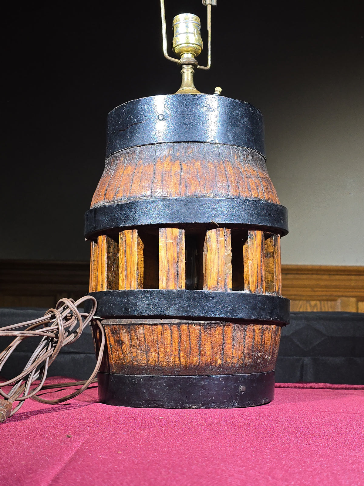Vintage Wooden Barrel Table Lamp with Iron Straps