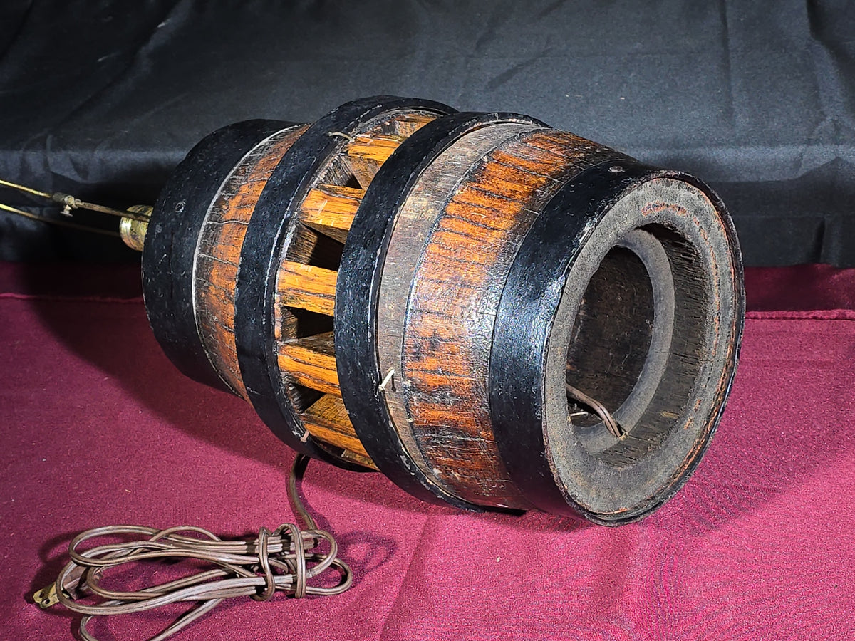 Vintage Wooden Barrel Table Lamp with Iron Straps