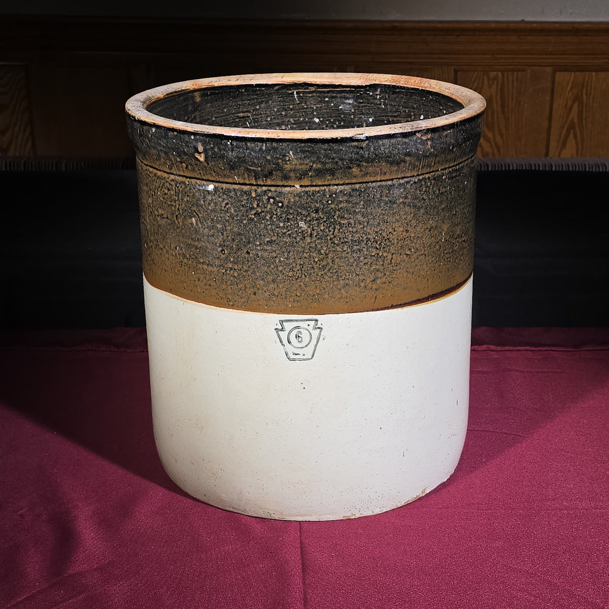 Antique Six-Gallon Two-Tone Stoneware Crock with Keystone Mark