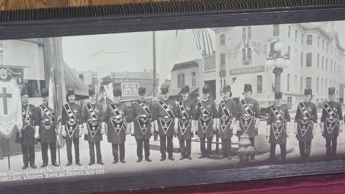 Antique Framed Panoramic Photograph of Hugh De Payens Commandery No. 20, Melrose, Massachusetts, 32nd Triennial Conclave, Knights Templar, Denver, Colorado, August 1913, Photographed by Mile High Photo Co.