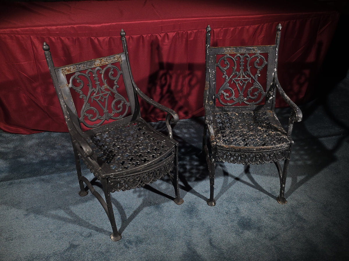 Pair of Antique Cast Iron Garden Armchairs, Manufactured by W. Adams Foundry Co., Philadelphia, Pennsylvania