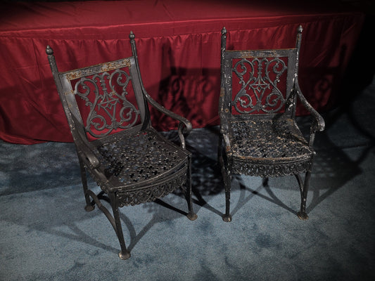 Pair of Antique Cast Iron Garden Armchairs, Manufactured by W. Adams Foundry Co., Philadelphia, Pennsylvania