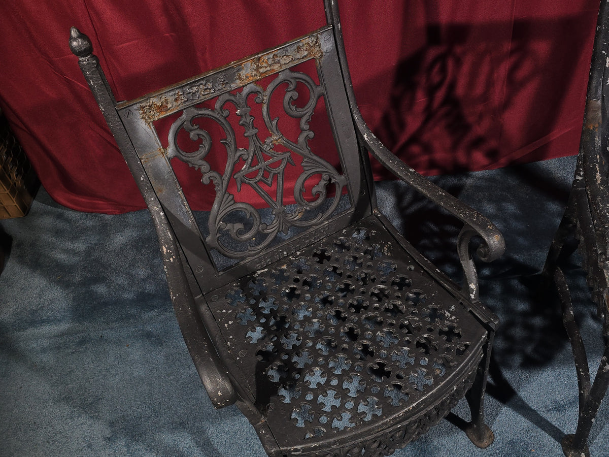 Pair of Antique Cast Iron Garden Armchairs, Manufactured by W. Adams Foundry Co., Philadelphia, Pennsylvania