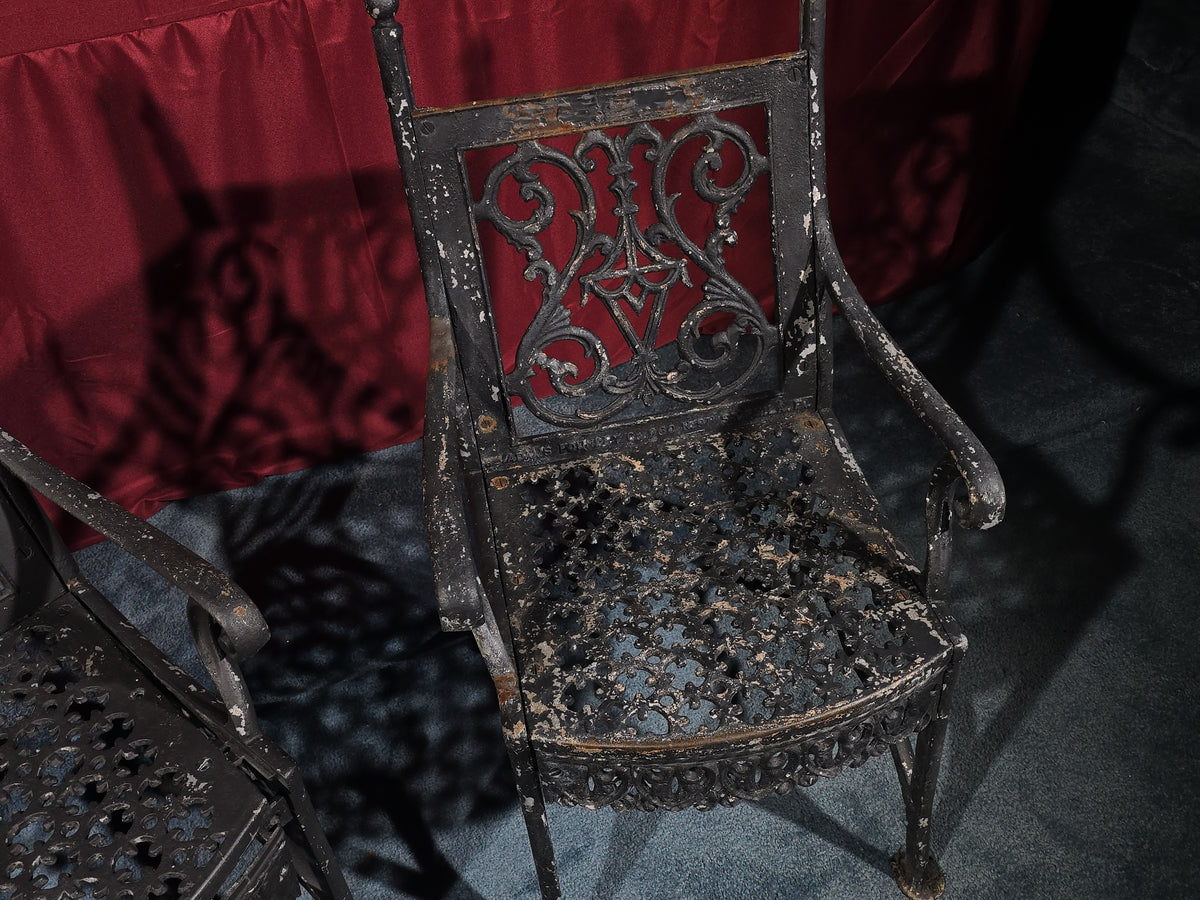 Pair of Antique Cast Iron Garden Armchairs, Manufactured by W. Adams Foundry Co., Philadelphia, Pennsylvania