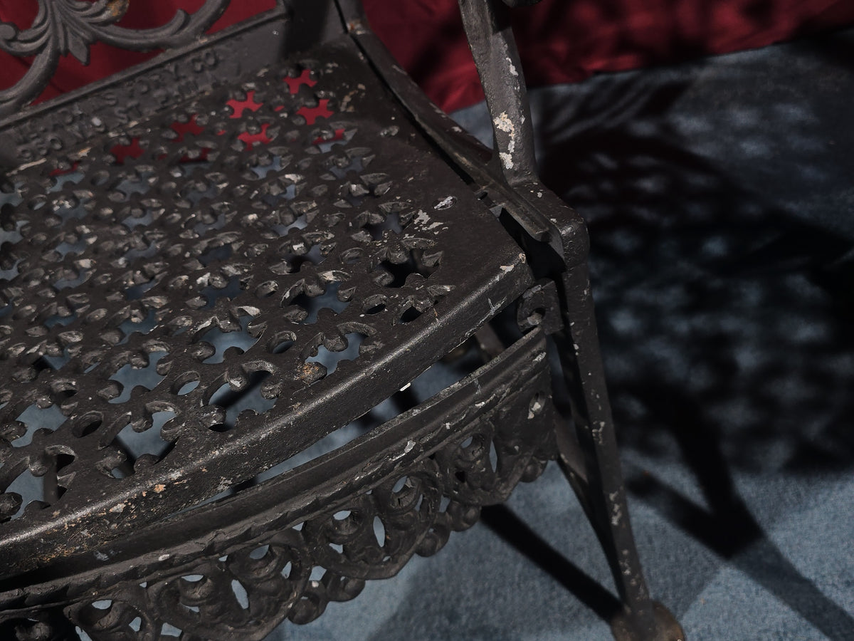 Pair of Antique Cast Iron Garden Armchairs, Manufactured by W. Adams Foundry Co., Philadelphia, Pennsylvania