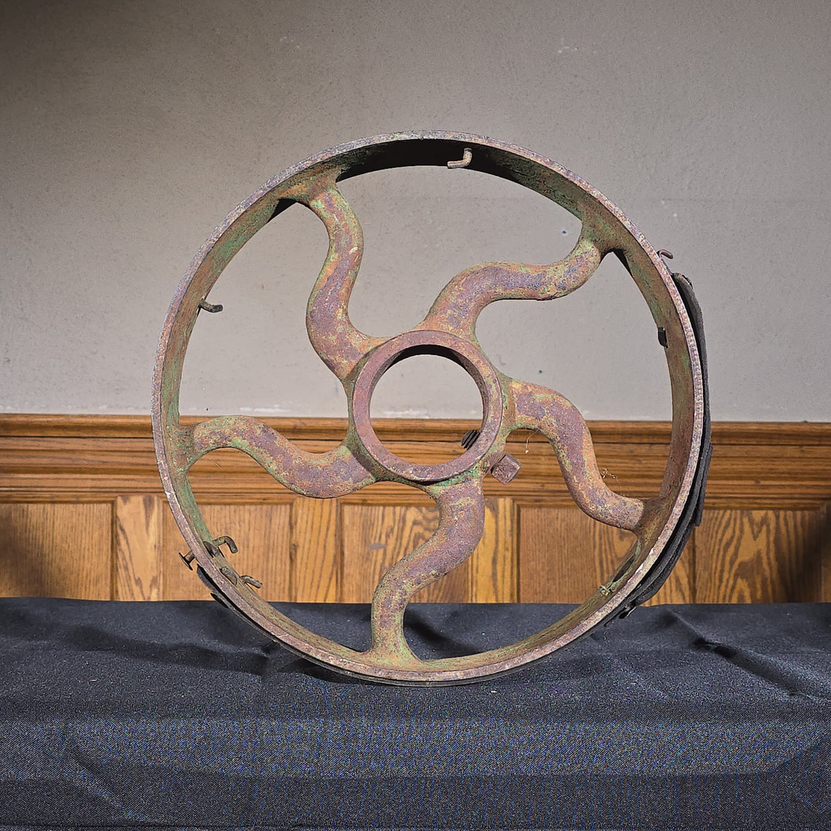 Antique Cast Iron Pulley Wheel with Curved Spokes