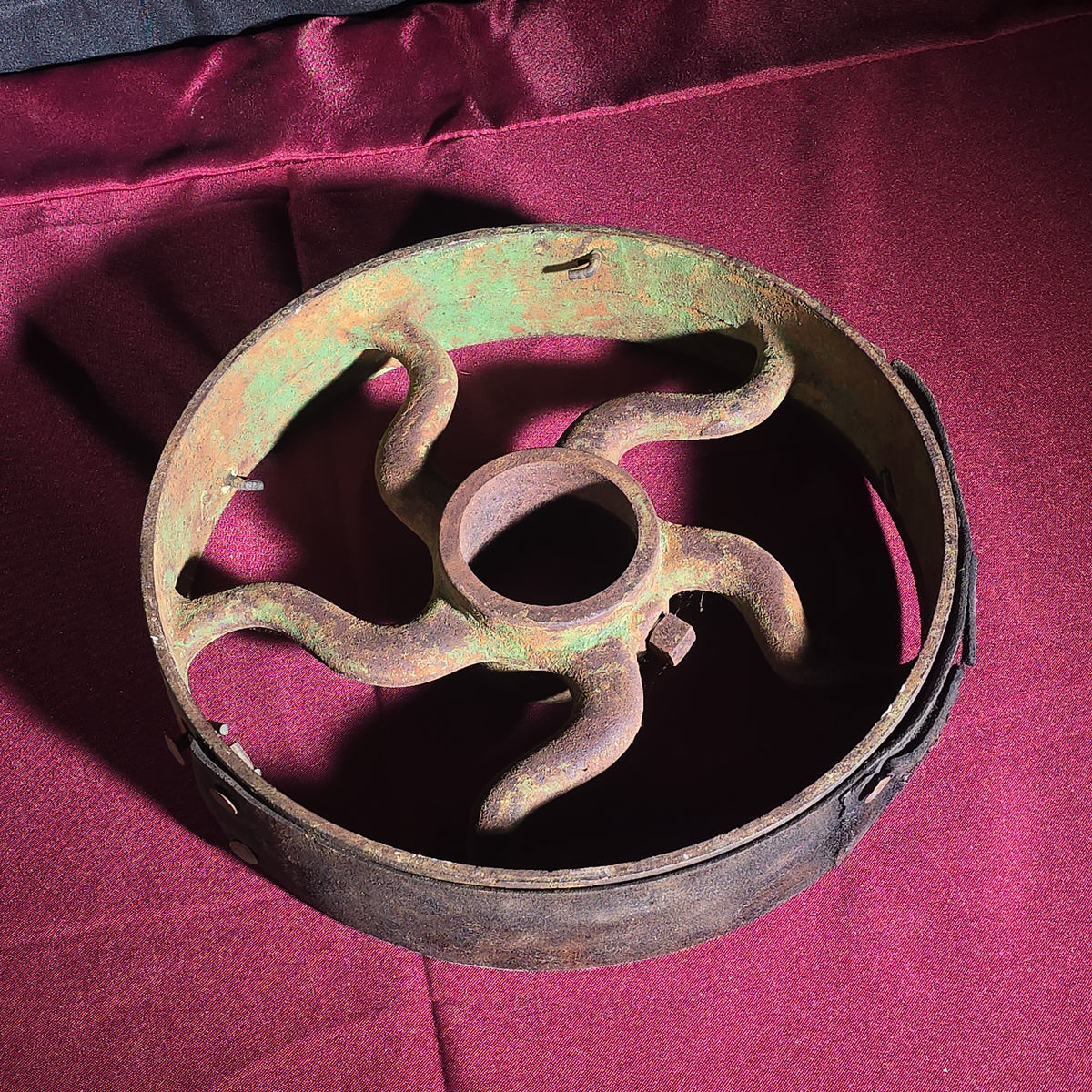 Antique Cast Iron Pulley Wheel with Curved Spokes