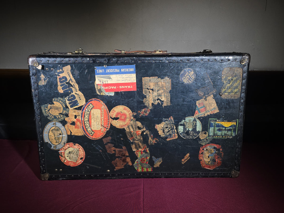 Antique Steamer Trunk with Travel Labels including Cunard White Star, American President Lines, M.V. Britannic, and Hotel Carlton, Lt. Col. James A. Sullivan, Allston, Massachusetts