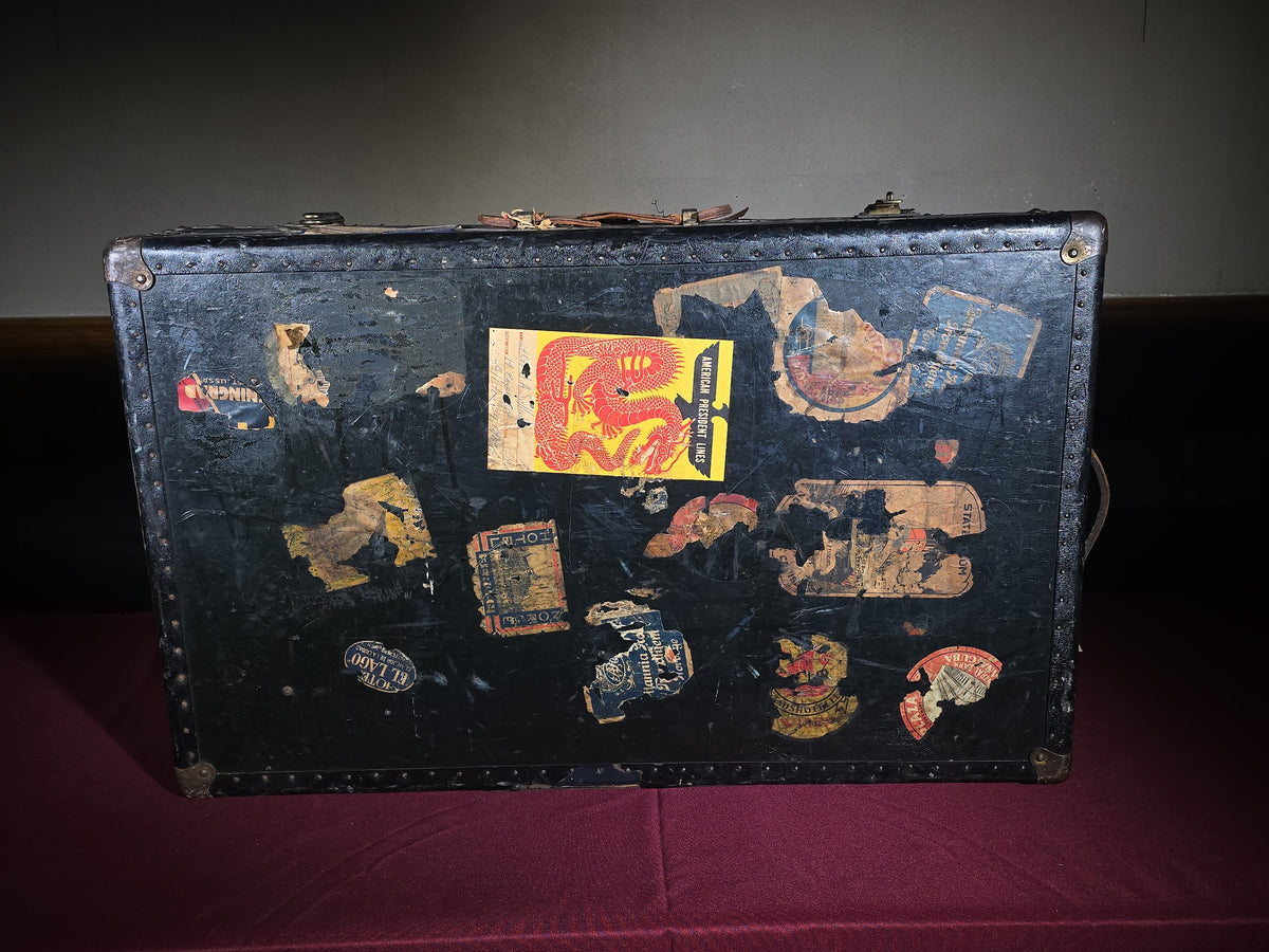 Antique Steamer Trunk with Travel Labels including Cunard White Star, American President Lines, M.V. Britannic, and Hotel Carlton, Lt. Col. James A. Sullivan, Allston, Massachusetts