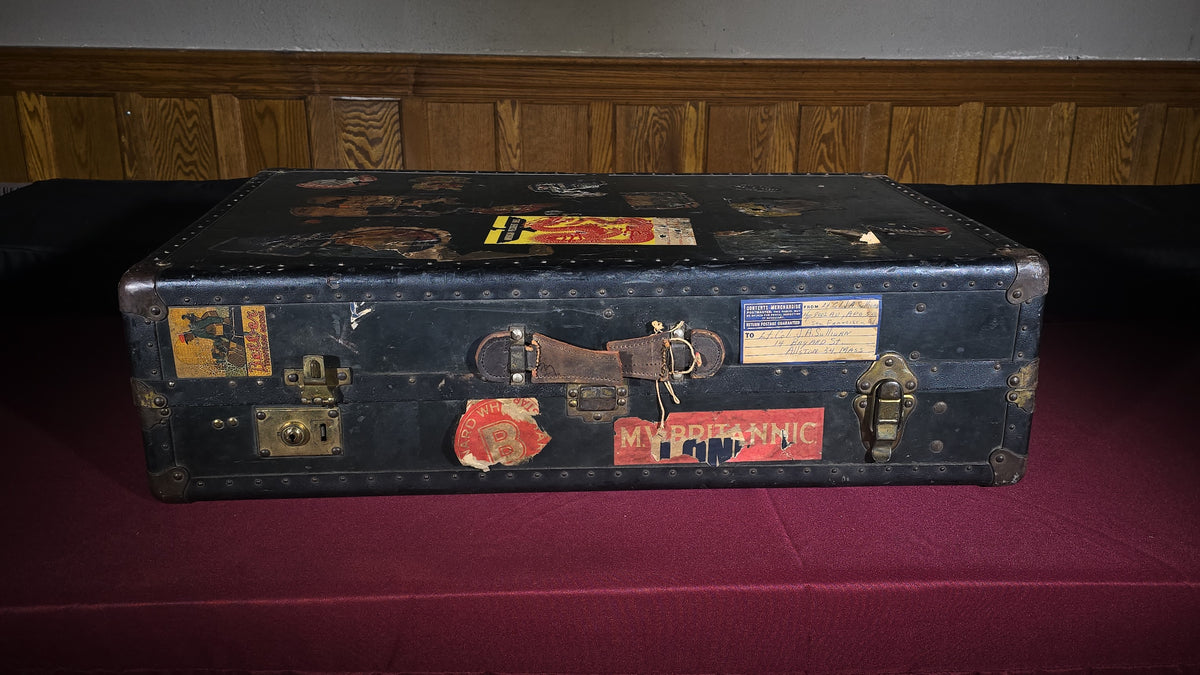 Antique Steamer Trunk with Travel Labels including Cunard White Star, American President Lines, M.V. Britannic, and Hotel Carlton, Lt. Col. James A. Sullivan, Allston, Massachusetts