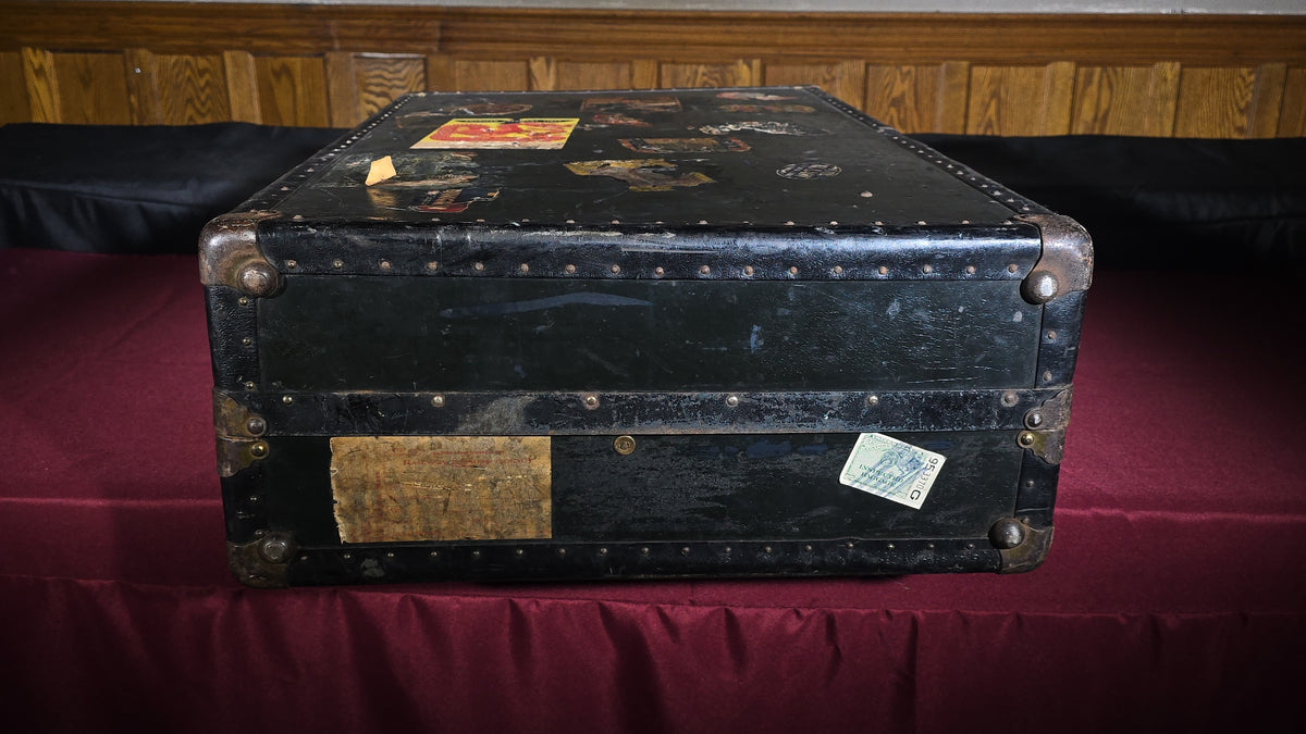 Antique Steamer Trunk with Travel Labels including Cunard White Star, American President Lines, M.V. Britannic, and Hotel Carlton, Lt. Col. James A. Sullivan, Allston, Massachusetts