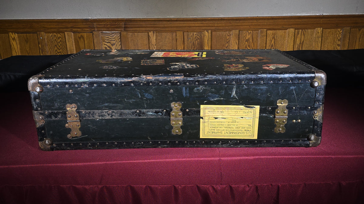 Antique Steamer Trunk with Travel Labels including Cunard White Star, American President Lines, M.V. Britannic, and Hotel Carlton, Lt. Col. James A. Sullivan, Allston, Massachusetts