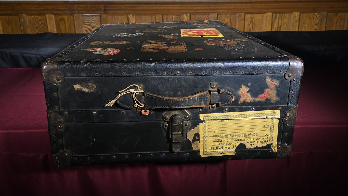 Antique Steamer Trunk with Travel Labels including Cunard White Star, American President Lines, M.V. Britannic, and Hotel Carlton, Lt. Col. James A. Sullivan, Allston, Massachusetts