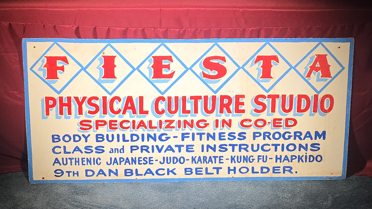 Vintage Double-Sided Hand-Painted Masonite Sign, Fiesta Physical Culture Studio Martial Arts and Bodybuilding / Liquidation, Phillip Lasden Proprietor