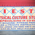 Lot 166 - Vintage Double-Sided Hand-Painted Masonite Sign, Fiesta Physical Culture Studio Martial Arts and Bodybuilding / Liquidation, Phillip Lasden Proprietor, 53-1/8" W x 24-1/8" H