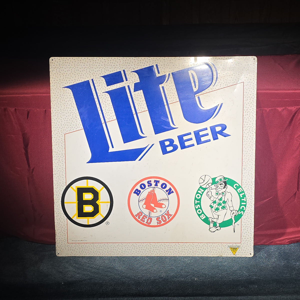 Vintage Miller Lite Beer Embossed Tin Advertising Sign with Boston Bruins, Boston Red Sox, and Boston Celtics Logos