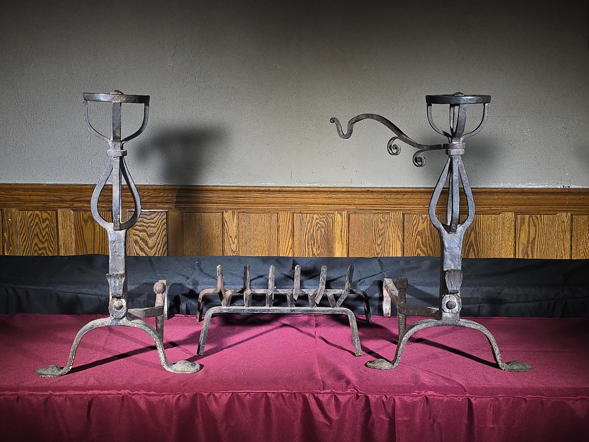 Pair of Antique Arts and Crafts Wrought Iron Andirons with Fire Grate