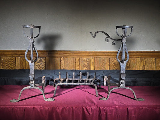 Pair of Antique Arts and Crafts Wrought Iron Andirons with Fire Grate