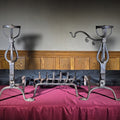 Lot 203 - Pair of Antique Arts and Crafts Wrought Iron Andirons with Fire Grate, 27" H each
