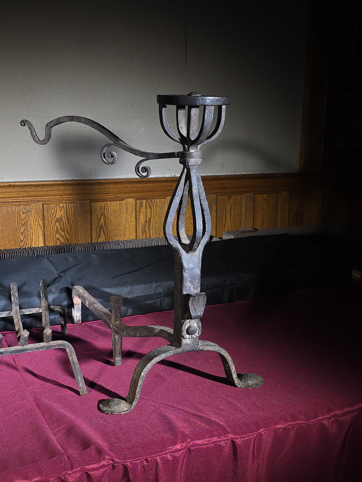 Pair of Antique Arts and Crafts Wrought Iron Andirons with Fire Grate