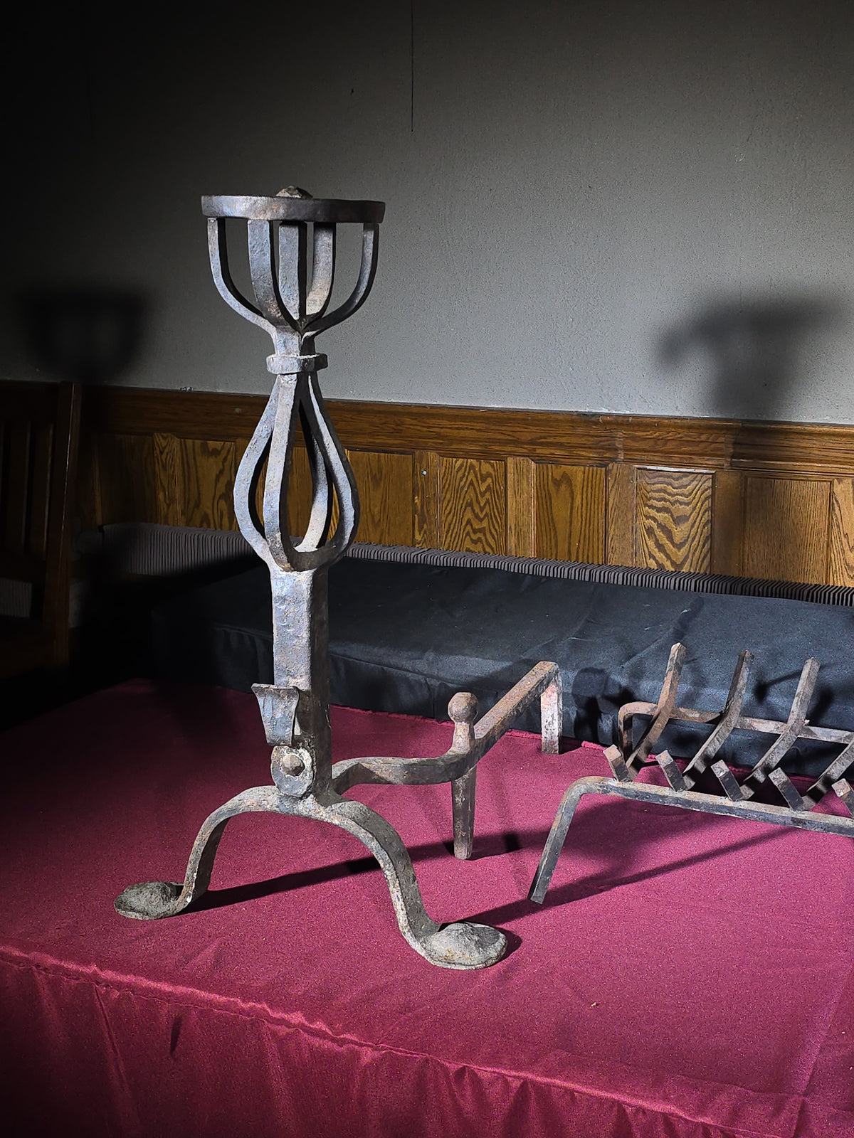 Pair of Antique Arts and Crafts Wrought Iron Andirons with Fire Grate
