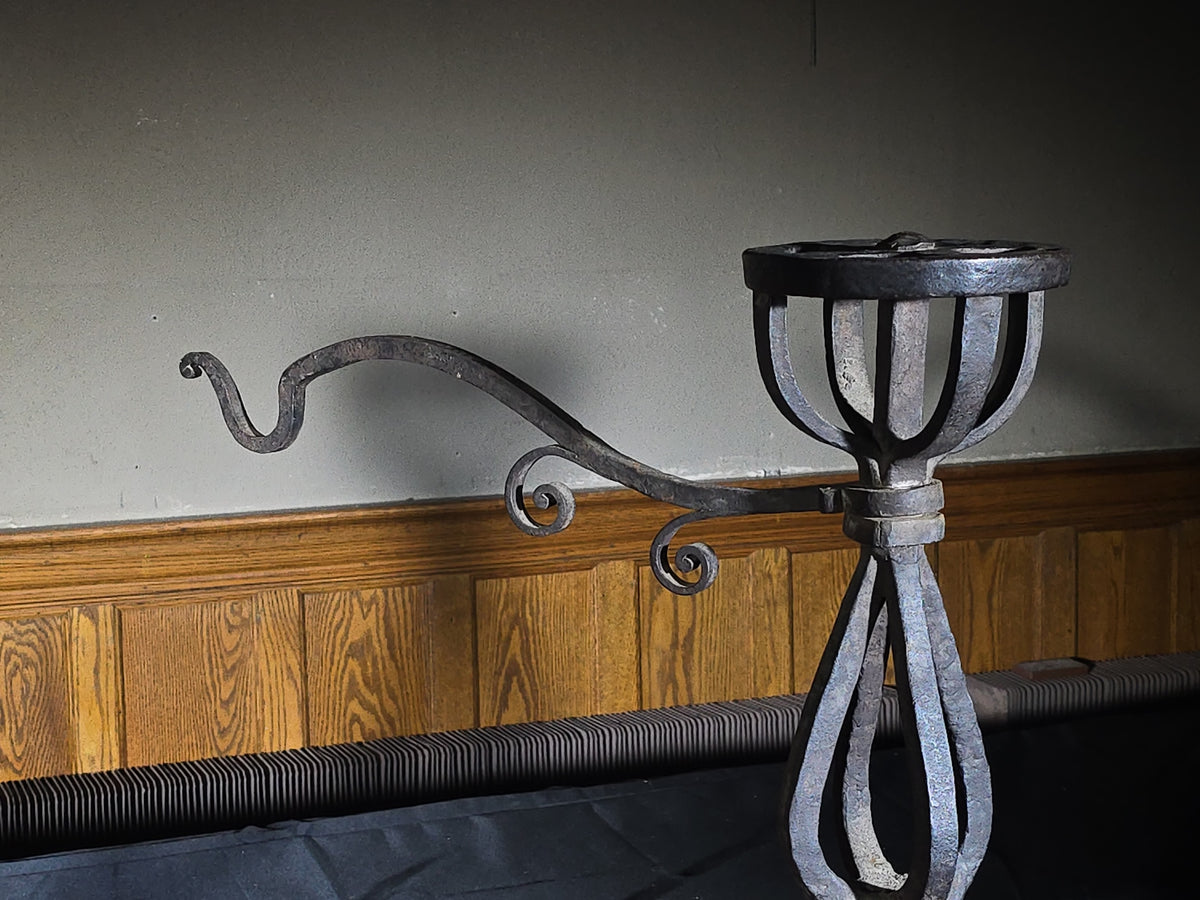 Pair of Antique Arts and Crafts Wrought Iron Andirons with Fire Grate
