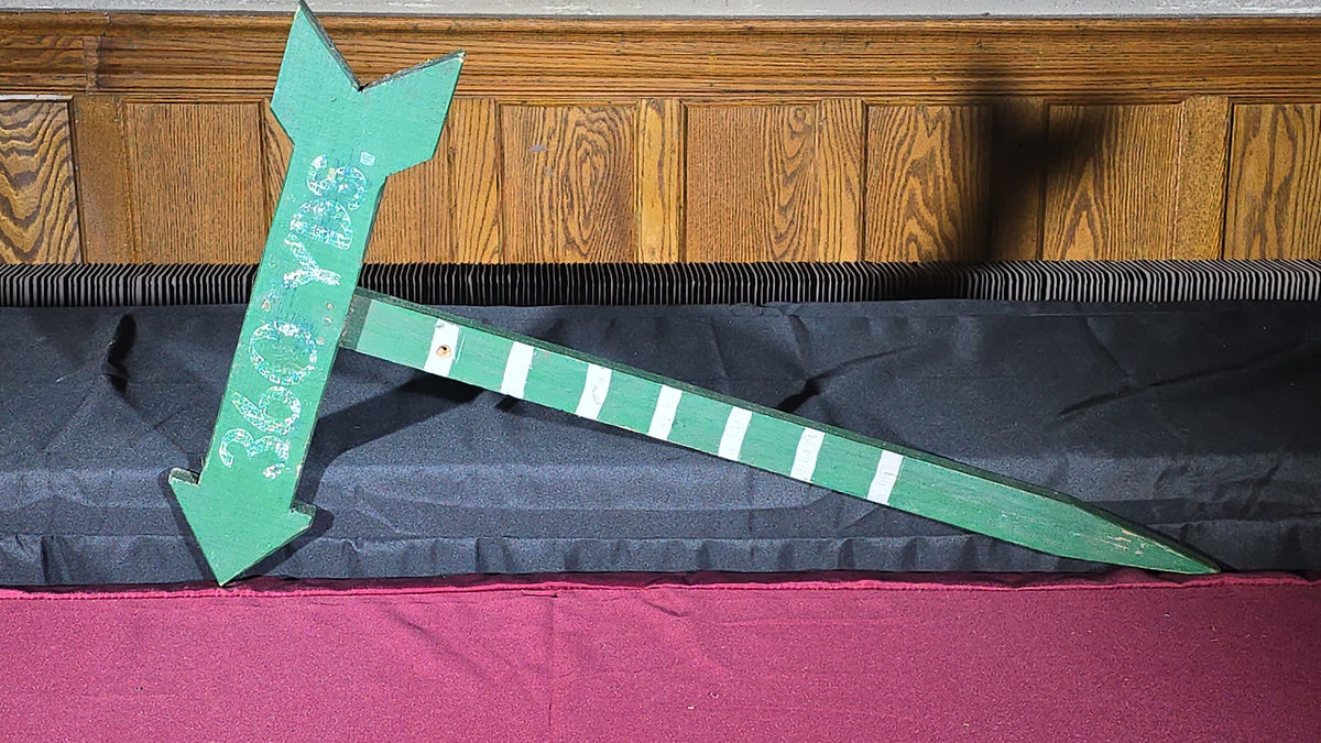Vintage Hand-Painted Wooden "360 Yds" Directional Arrow Sign in Green and White Paint