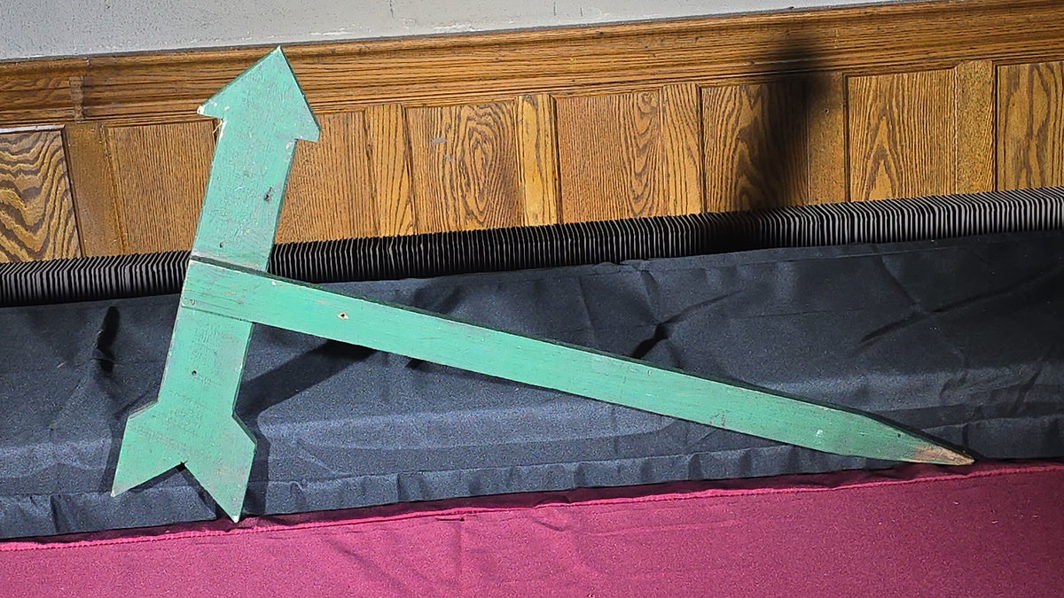 Vintage Hand-Painted Wooden "360 Yds" Directional Arrow Sign in Green and White Paint