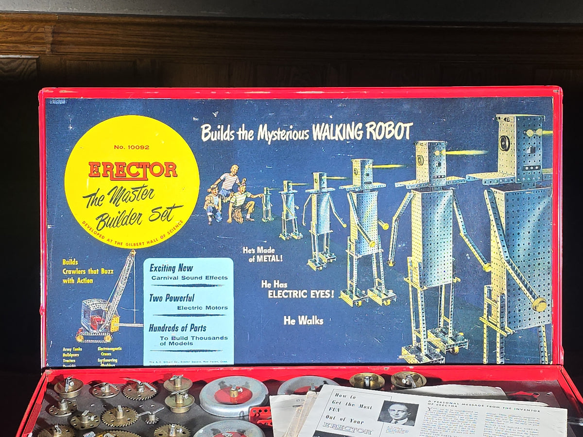 Vintage A.C. Gilbert Erector Master Builder Set No. 10092 "Builds the Mysterious Walking Robot" in Red Metal Case, 1954