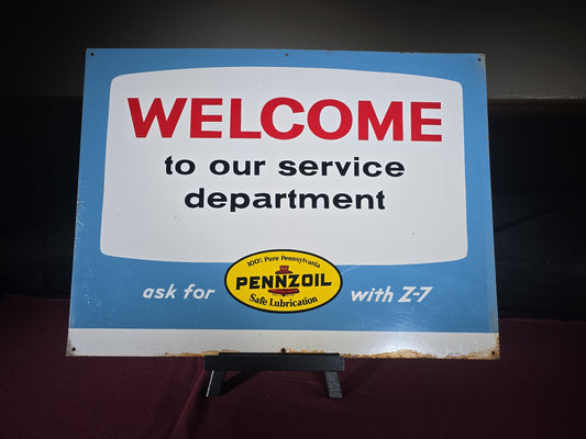 Vintage Pennzoil "Welcome to Our Service Department" Advertising Tin Tacker Sign
