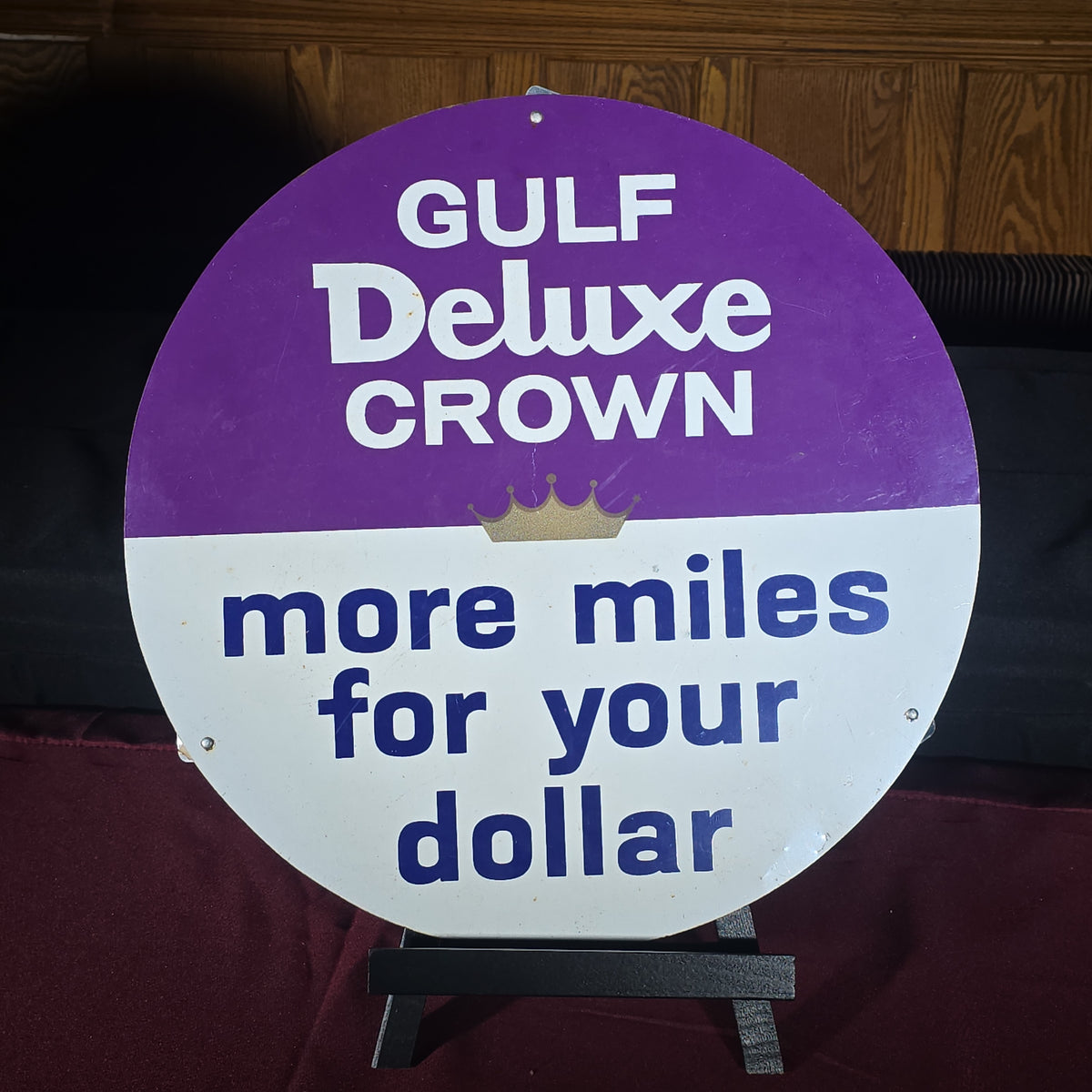Vintage Gulf Deluxe Crown "More Miles for Your Dollar" Round Metal Advertising Sign, SP-10780