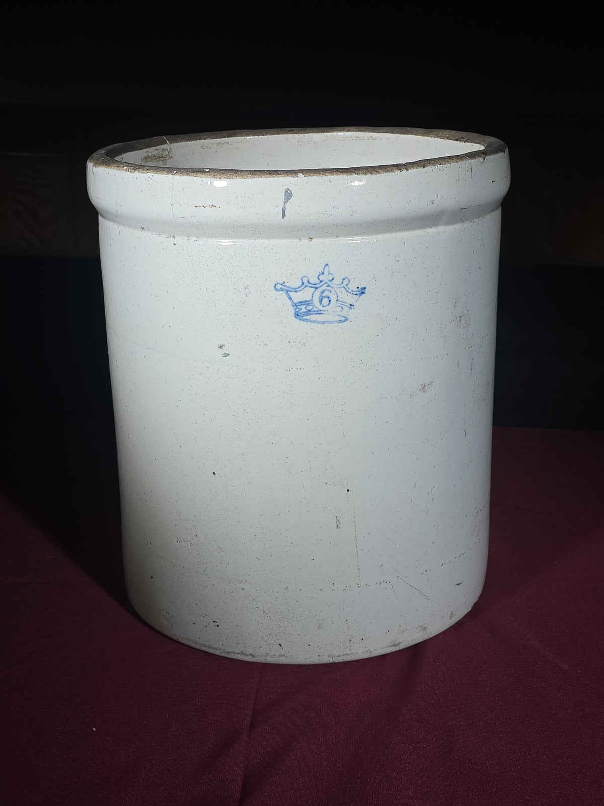 Antique 6-Gallon Stoneware Crock with Blue Crown Mark