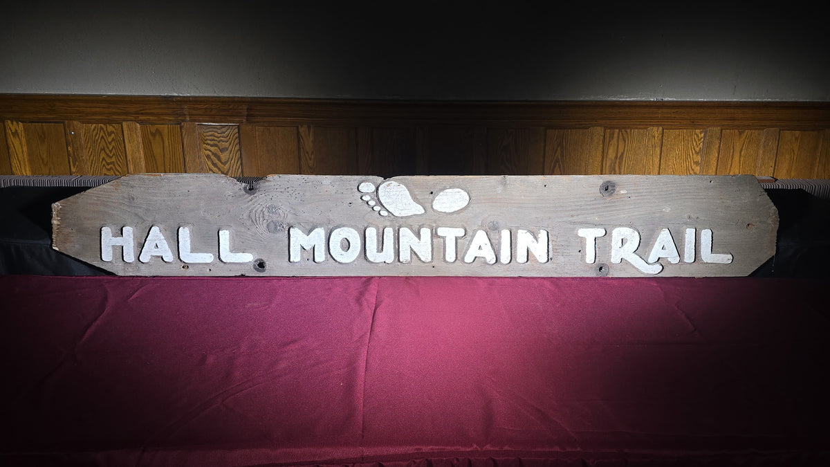 Vintage Carved and Painted Wooden "Hall Mountain Trail" Sign with Footprint Graphic