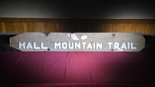 Vintage Carved and Painted Wooden "Hall Mountain Trail" Sign with Footprint Graphic