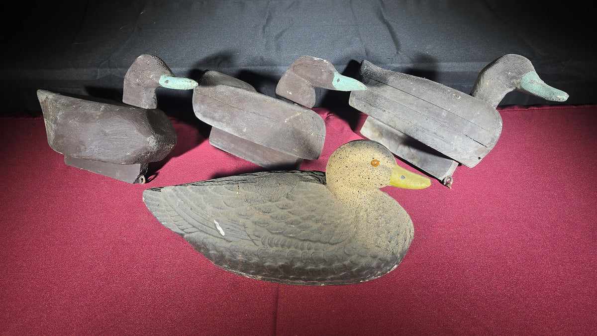 Grouping of Four Vintage Duck Decoys including Three Wooden and One Ariduk by General Fibre Co., St. Louis, Missouri