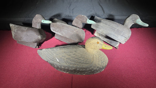 Grouping of Four Vintage Duck Decoys including Three Wooden and One Ariduk by General Fibre Co., St. Louis, Missouri