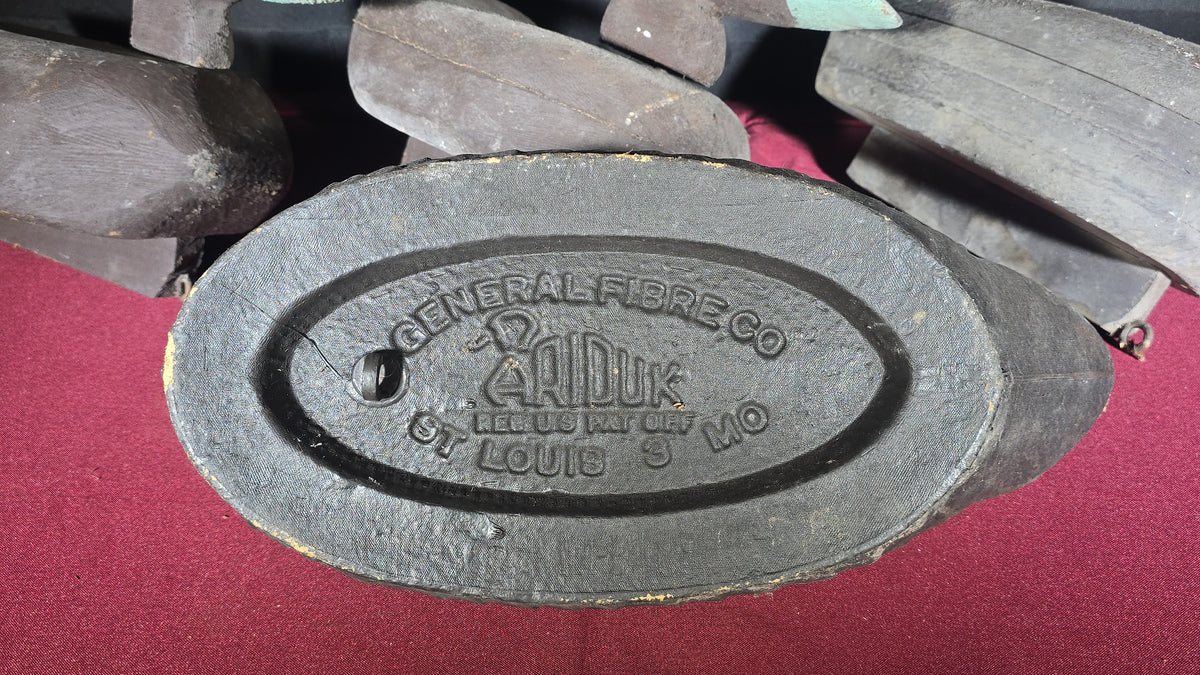 Grouping of Four Vintage Duck Decoys including Three Wooden and One Ariduk by General Fibre Co., St. Louis, Missouri