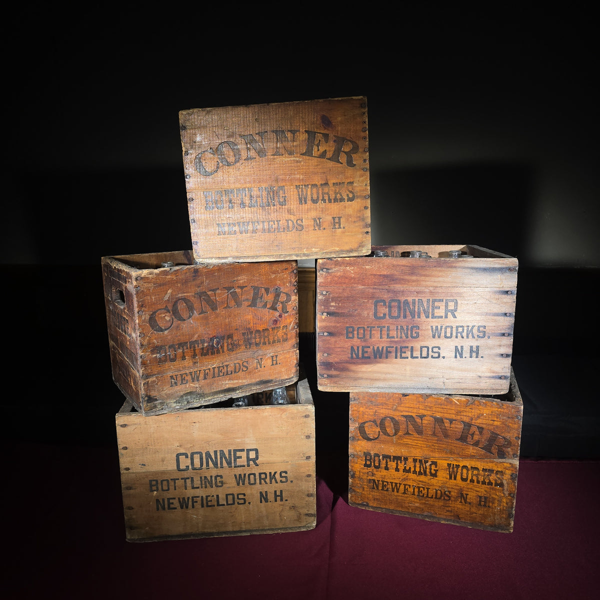 Grouping of Five Vintage Conner Bottling Works Wooden Beverage Crates with Glass Bottles, Newfields, New Hampshire