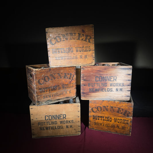 Grouping of Five Vintage Conner Bottling Works Wooden Beverage Crates with Glass Bottles, Newfields, New Hampshire