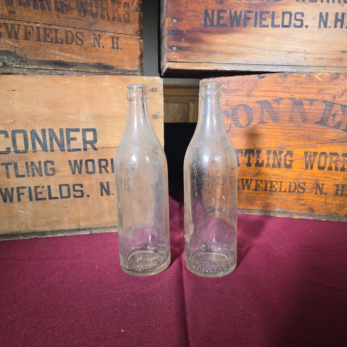 Grouping of Five Vintage Conner Bottling Works Wooden Beverage Crates with Glass Bottles, Newfields, New Hampshire