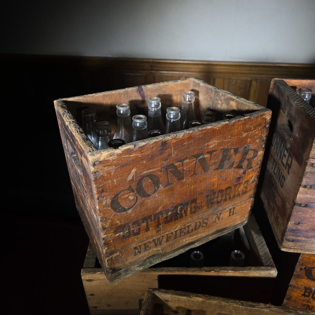 Grouping of Five Vintage Conner Bottling Works Wooden Beverage Crates with Glass Bottles, Newfields, New Hampshire