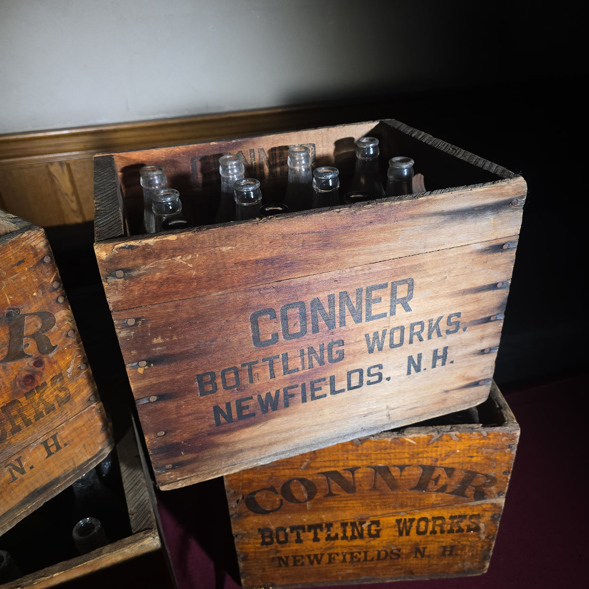 Grouping of Five Vintage Conner Bottling Works Wooden Beverage Crates with Glass Bottles, Newfields, New Hampshire