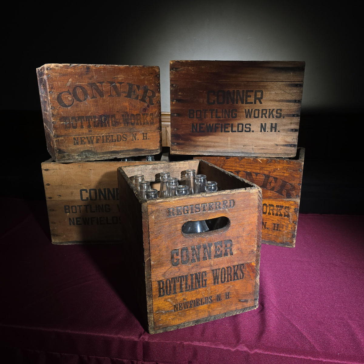 Grouping of Five Vintage Conner Bottling Works Wooden Beverage Crates with Glass Bottles, Newfields, New Hampshire
